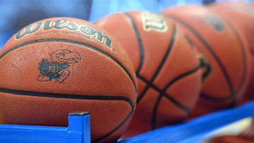 Nov 15, 2019; Lawrence, KS, USA; A general view of warm up basketballs on court before the game between the Kansas Jayhawks and Monmouth Hawks at Allen Fieldhouse. Mandatory Credit: Denny Medley-USA TODAY Sports