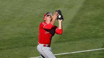 GOODYEAR, AZ - MARCH 08: Matt Thaiss #85 of the Los Angeles Angels cathces a fly ball in foul territory in the eighth inning during the spring training game at Goodyear Ballpark on March 8, 2017 in Goodyear, Arizona. (Photo by Tim Warner/Getty Images)