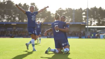 Lauren James of Chelsea celebrates with teammate Sophie Ingle (Photo by Harriet Lander - Chelsea FC/Getty Images)