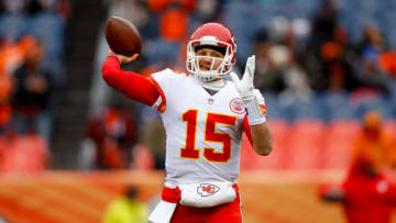DENVER, CO - DECEMBER 31: Quarterback Patrick Mahomes #15 of the Kansas City Chiefs warms up before a game against the Denver Broncos at Sports Authority Field at Mile High on December 31, 2017 in Denver, Colorado. (Photo by Justin Edmonds/Getty Images)