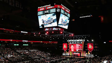 DALLAS, TX - JUNE 22: The jumbotron shows Brady Tkachuk after being selected fourth overall by the Ottawa Senators during the first round of the 2018 NHL Draft at American Airlines Center on June 22, 2018 in Dallas, Texas. (Photo by Glenn James/NHLI via Getty Images)
