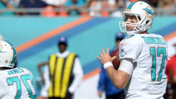Nov 2, 2014; Miami Gardens, FL, USA; Miami Dolphins quarterback Ryan Tannehill (17) throws the ball against the San Diego Chargers during the first half at Sun Life Stadium. Mandatory Credit: Steve Mitchell-USA TODAY Sports