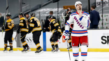 BOSTON, MASSACHUSETTS - MARCH 11: Chris Kreider #20 of the New York Rangers looks on after the Boston Bruins defeat the Rangers 4-0 at TD Garden on March 11, 2021 in Boston, Massachusetts. (Photo by Maddie Meyer/Getty Images)