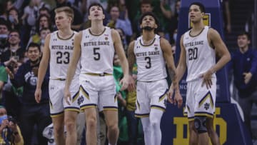 SOUTH BEND, IN - FEBRUARY 16: Members of the Notre Dame Fighting Irish are seen during the game against the Boston College Eagles at Purcell Pavilion on February 16, 2022 in South Bend, Indiana. (Photo by Michael Hickey/Getty Images)