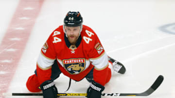 SUNRISE, FL - DECEMBER 4: Kevin Connauton #44 of the Florida Panthers stretches prior to the game against the St Louis Blues at the FLA Live Arena on December 4, 2021 in Sunrise, Florida. (Photo by Joel Auerbach/Getty Images)