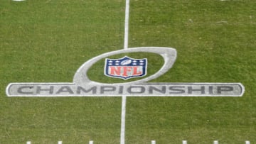 KANSAS CITY, MISSOURI - JANUARY 19: The NFL Championship logo is seen on the field before the AFC Championship Game between the Kansas City Chiefs and the Tennessee Titans at Arrowhead Stadium on January 19, 2020 in Kansas City, Missouri. (Photo by Peter Aiken/Getty Images)