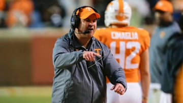 KNOXVILLE, TENNESSEE - NOVEMBER 30: Head coach Jeremy Pruitt of the Tennessee Volunteers shouts to his players during the second quarter of the game against the Vanderbilt Commodores at Neyland Stadium on November 30, 2019 in Knoxville, Tennessee. (Photo by Silas Walker/Getty Images)