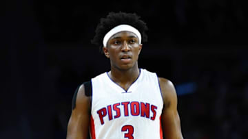 Mar 19, 2016; Auburn Hills, MI, USA; Detroit Pistons forward Stanley Johnson (3) during the fourth quarter against the Brooklyn Nets at The Palace of Auburn Hills. Mandatory Credit: Tim Fuller-USA TODAY Sports