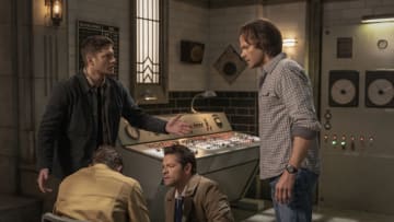 Supernatural -- "Despair" -- Image Number: SN1518A_0231r.jpg -- Pictured (L-R): Jensen Ackles as Dean, Alexander Calvert as Jack, Misha Collins as Castiel and Jared Padalecki as Sam -- Photo: Colin Bentley/The CW -- © 2020 The CW Network, LLC. All Rights Reserved.
