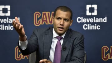 New Cavaliers GM Koby Altman holds an invisible basketball. (Photo by David Liam Kyle/NBAE via Getty Images)