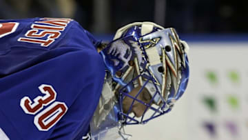 Apr 21, 2016; New York, NY, USA; New York Rangers goalie Henrik Lundqvist (30) reacts during the first period in game four of the first round of the 2016 Stanley Cup Playoffs against the Pittsburgh Penguins at Madison Square Garden. Mandatory Credit: Adam Hunger-USA TODAY Sports