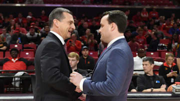 COLLEGE PARK, MD - JANUARY 11: (L to R) Head coachs Mark Turgeon of the Maryland Terrapins and Archie Miller of the Indiana Hoosiers shake hands before a college basketball game at the XFinity Center on January 11, 2019 in College Park, Maryland. (Photo by Mitchell Layton/Getty Images)