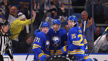 Oct 31, 2022; Buffalo, New York, USA; Buffalo Sabres center Dylan Cozens (24) celebrates his goal during the third period against the Detroit Red Wings at KeyBank Center. Mandatory Credit: Timothy T. Ludwig-USA TODAY Sports
