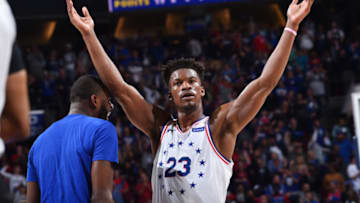 PHILADELPHIA, PA - MAY 9: Jimmy Butler #23 of the Philadelphia 76ers reacts during a game against the Toronto Raptors during Game Six of the Eastern Conference Semifinals on May 9, 2019 at the Wells Fargo Center in Philadelphia, Pennsylvania NOTE TO USER: User expressly acknowledges and agrees that, by downloading and/or using this Photograph, user is consenting to the terms and conditions of the Getty Images License Agreement. Mandatory Copyright Notice: Copyright 2019 NBAE (Photo by Jesse D. Garrabrant/NBAE via Getty Images)