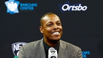 Jul 18, 2013; Brooklyn, NY, USA; Paul Pierce smiles during a press conference to introduce him as the newest member of the Brooklyn Nets at Barclays Center. Mandatory Credit: Debby Wong-USA TODAY Sports