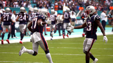 MIAMI GARDENS, FL - SEPTEMBER 15: New England Patriots wide receiver Antonio Brown (17) takes the field before the game. The Miami Dolphins host the New England Patriots during a regular season game on Sept. 15, 2019 at Hard Rock Stadium in Miami Gardens, Florida. (Photo by Barry Chin/The Boston Globe via Getty Images)