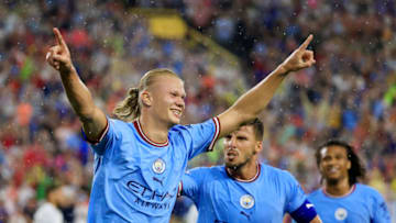 GREEN BAY, WISCONSIN - JULY 23: Erling Haaland of Manchester City celebrates after scoring their team's first goal during the pre-season friendly match between Bayern Munich and Manchester City at Lambeau Field on July 23, 2022 in Green Bay, Wisconsin. (Photo by Justin Casterline/Getty Images)