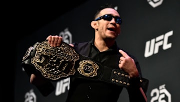 BOSTON, MA - JANUARY 19: Tony Ferguson taunts Khabib Nurmagomedov during the UFC press conference at TD Garden on January 19, 2018 in Boston, Massachusetts. (Photo by Brandon Magnus/Zuffa LLC/Zuffa LLC via Getty Images)