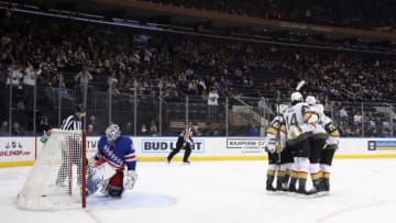 NEW YORK, NEW YORK - DECEMBER 02: The Vegas Golden Knights celebrate a power-play goal by Alex Tuch #89 at 3:50 of the first period against Henrik Lundqvist #30 of the New York Rangers at Madison Square Garden on December 02, 2019 in New York City. (Photo by Bruce Bennett/Getty Images)