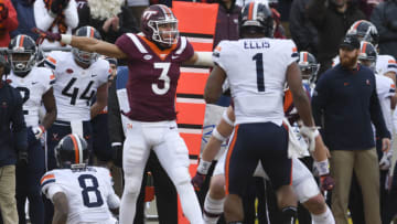 BLACKSBURG, VA - NOVEMBER 23: Defensive back Caleb Farley #3 of the Virginia Tech Hokies reacts following a defensive play against the Virginia Cavaliers in the first half at Lane Stadium on November 23, 2018 in Blacksburg, Virginia. (Photo by Michael Shroyer/Getty Images)