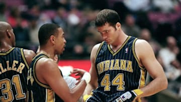 2 Nov 1999: Austin Croshere #44 of the Indiana Pacers listens to his teammate during the game against the New Jersey Nets at the Continental Airlines Arena in East Rutherford, New Jersey. The Pacers defeated the Nets 119-112.