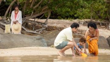 FANTASY ISLAND: L-R: Guest Stars Debbie Morgan, Rodrigo Rojas and Mieko Hillman (orange dress) in the “Quantum Entanglement” episode of FANTASY ISLAND airing Tuesday, Aug. 24 (9:00-10:00PM ET/PT) on FOX. © 2021 FOX MEDIA LLC. CR: Laura Magruder/FOX.