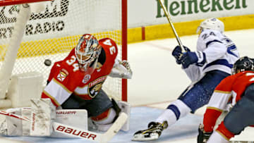 Florida Panthers goalie James Reimer watches as Tampa Bay Lighting's Ryan Callahan (24) shoots in the second period on Sunday, February 10, 2019 at the BB&T Center in Sunrise, Fla. (Charles Trainor Jr./Miami Herald/TNS via Getty Images)