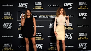 BUFFALO, NEW YORK - APRIL 05: (L-R) Cynthia Calvillo and Pearl Gonzalez face off during the UFC 210 Ultimate Media Day inside the KeyBank Center on April 5, 2017 in Buffalo, New York. (Photo by Jeff Bottari/Zuffa LLC/Zuffa LLC via Getty Images)