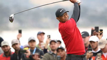 PEBBLE BEACH, CALIFORNIA - JUNE 16: Tiger Woods of the United States plays a shot from the 14th tee during the final round of the 2019 U.S. Open at Pebble Beach Golf Links on June 16, 2019 in Pebble Beach, California. (Photo by Christian Petersen/Getty Images)