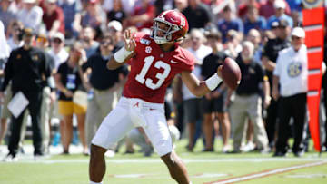 TUSCALOOSA, AL - SEPTEMBER 21: Tua Tagovailoa #13 of the Alabama Crimson Tide throws a pass in the first quarter against the Southern Mississippi Golden Eagles at Bryant-Denny Stadium on September 21, 2019 in Tuscaloosa, Alabama. (Photo by Joe Robbins/Getty Images)