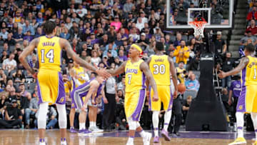 SACRAMENTO, CA - FEBRUARY 24: Isaiah Thomas #7 and Brandon Ingram #14 of the Los Angeles Lakers shakes hands during the game against the Sacramento Kings on February 24, 2018 at Golden 1 Center in Sacramento, California. NOTE TO USER: User expressly acknowledges and agrees that, by downloading and or using this Photograph, user is consenting to the terms and conditions of the Getty Images License Agreement. Mandatory Copyright Notice: Copyright 2018 NBAE (Photo by Rocky Widner/NBAE via Getty Images)