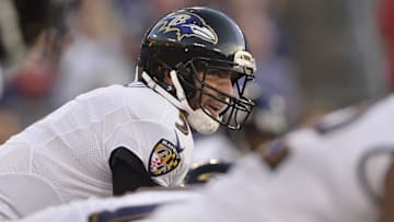 Aug 27, 2016; Baltimore, MD, USA; Baltimore Ravens quarterback Joe Flacco (5) stands under center as he calls a play during the first quarter against the Detroit Lions at M&T Bank Stadium. Mandatory Credit: Tommy Gilligan-USA TODAY Sports