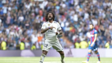 Marcelo of Real Madrid celebrates after the goal during a match for the Spanish League between Real Madrid and Levante at Santiago Bernabeu Stadium on October 20, 2018 in Madrid, Spain. (Photo by Patricio Realpe/ChakanaNews/PRESSOUTH/NurPhoto via Getty Images)