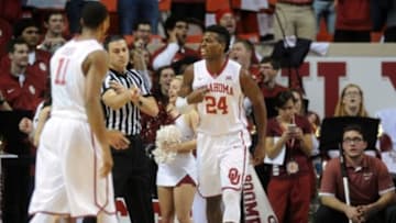 Jan 9, 2016; Norman, OK, USA; Oklahoma Sooners guard Buddy Hield (24) reacts after a play against the Kansas State Wildcats during the first half at Lloyd Noble Center. Mandatory Credit: Mark D. Smith-USA TODAY Sports