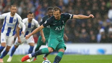 Tottenham Hotspur's Harry Kane scores his side's first goal of the game from the penalty spot during the Premier League match at the AMEX Stadium, Brighton. (Photo by Steven Paston/PA Images via Getty Images)