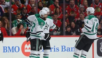 Feb 11, 2016; Chicago, IL, USA; Dallas Stars right wing Patrick Eaves (18) celebrates scoring a goal during the first period against the Chicago Blackhawks at the United Center. Mandatory Credit: Dennis Wierzbicki-USA TODAY Sports