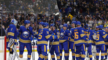 Nov 24, 2023; Buffalo, New York, USA; The Buffalo Sabres celebrate a win over the Pittsburgh Penguins at KeyBank Center. Mandatory Credit: Timothy T. Ludwig-USA TODAY Sports