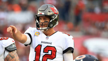 TAMPA, FLORIDA - OCTOBER 24: Tom Brady #12 of the Tampa Bay Buccaneers calls out instructions in the second quarter against the Chicago Bears in the game at Raymond James Stadium on October 24, 2021 in Tampa, Florida. (Photo by Mike Ehrmann/Getty Images)