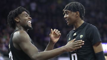 SEATTLE, WASHINGTON - JANUARY 18: Isaiah Stewart #33 (L) and Jaden McDaniels #0 of the Washington Huskies react in the second half against the Oregon Ducks during their game at Hec Edmundson Pavilion on January 18, 2020 in Seattle, Washington. (Photo by Abbie Parr/Getty Images)