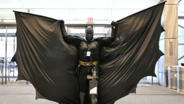 NEW YORK, NEW YORK - OCTOBER 10: A cosplayer dressed as Batman during Day 4 of New York Comic Con 2021 at Jacob Javits Center on October 10, 2021 in New York City. (Photo by Bryan Bedder/Getty Images for ReedPop )