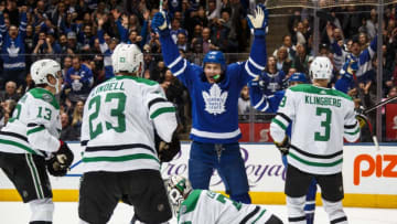 TORONTO, ON - MARCH 14: James van Riemsdyk #25 of the Toronto Maple Leafs celebrates after scoring his third goal of the game against Kari Lehtonen #32 of the Dallas Stars as Esa Lindell #23 and John Klingberg #3 defend during the third period at the Air Canada Centre on March 14, 2018 in Toronto, Ontario, Canada. (Photo by Mark Blinch/NHLI via Getty Images)
