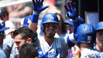 ATLANTA, GEORGIA - AUGUST 18: Cody Bellinger #35 of the Los Angeles Dodgers celebrates after hitting his 42nd home run of the season in the first inning against the Atlanta Braves at SunTrust Park on August 18, 2019 in Atlanta, Georgia. (Photo by Logan Riely/Getty Images)