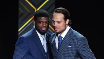 LAS VEGAS, NEVADA - JUNE 19: P.K. Subban (L) of the Nashville Predators introduces Auston Matthews of the Toronto Maple Leafs as the cover athlete for EA Sports' "NHL 20" video game during the 2019 NHL Awards at the Mandalay Bay Events Center on June 19, 2019 in Las Vegas, Nevada. (Photo by Ethan Miller/Getty Images)