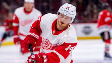 CHICAGO, IL - FEBRUARY 10: Detroit Red Wings right wing Gustav Nyquist (14) warms up prior to a game between the Detroit Red Wings and the Chicago Blackhawks on February 10, 2019, at the United Center in Chicago, IL. (Photo by Patrick Gorski/Icon Sportswire via Getty Images)