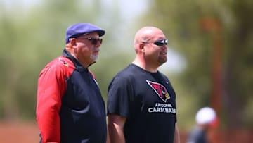 May 6, 2016; Tempe, AZ, USA; Arizona Cardinals head coach Bruce Arians (left) with general manager Steve Keim during rookie minicamp at the Cardinals Training Facility. Mandatory Credit: Mark J. Rebilas-USA TODAY Sports