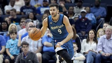 Mar 16, 2016; Memphis, TN, USA; Minnesota Timberwolves guard Ricky Rubio (9) dribbles in the second half against the Memphis Grizzlies at FedExForum. Minnesota defeated Memphis 114-108. Mandatory Credit: Nelson Chenault-USA TODAY Sports