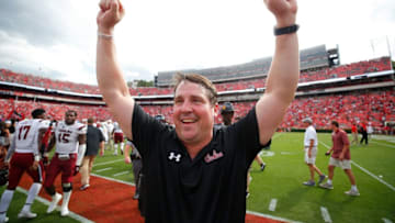 ATHENS, GEORGIA - OCTOBER 12: Head coach Will Muschamp of the South Carolina Gamecocks celebrates their 20-17 win over the Georgia Bulldogs in the second overtime at Sanford Stadium on October 12, 2019 in Athens, Georgia. (Photo by Kevin C. Cox/Getty Images)