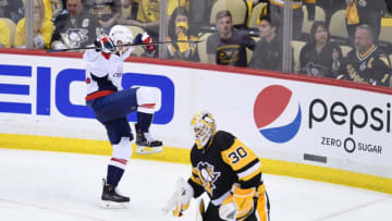 PITTSBURGH, PA - MAY 07: Washington Capitals Center Evgeny Kuznetsov (92) celebrates after scoring the game winning goal past Pittsburgh Penguins goaltender Matt Murray (30) during the overtime period. The Washington Capitals went on win 2-1 in the overtime period against the Pittsburgh Penguins in Game Six of the Eastern Conference Second Round during the 2018 NHL Stanley Cup Playoffs on May 7, 2018, at PPG Paints Arena in Pittsburgh, PA. The Capitals won the series 4-2 and advance to the Conference Finals. (Photo by Jeanine Leech/Icon Sportswire via Getty Images)
