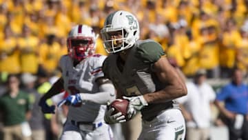 Sep 10, 2016; Waco, TX, USA; Baylor Bears wide receiver Blake Lynch (2) catches a pass for a touchdown against the Southern Methodist Mustangs during the second half at McLane Stadium. The Bears defeat the Mustangs 40-13. Mandatory Credit: Jerome Miron-USA TODAY Sports