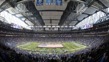 Nov 22, 2015; Detroit, MI, USA; A general view of Ford Field during national anthem prior to the game between the the Oakland Raiders and the Detroit Lions. Mandatory Credit: Kirby Lee-USA TODAY Sports